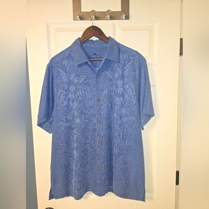 Tommy Bahama Shirt,Men,Medium Blue Silk Hawaiian Camp Beach Tropical Floral Leaf